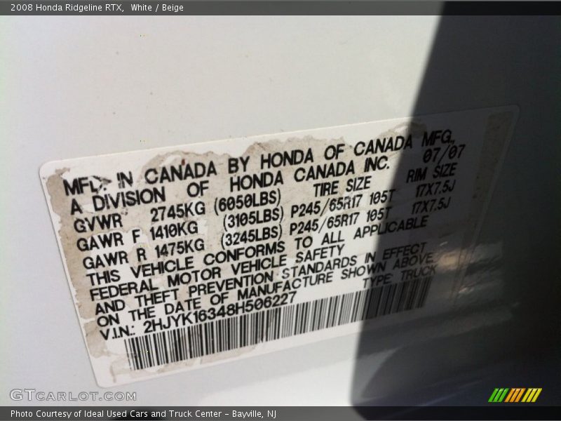 White / Beige 2008 Honda Ridgeline RTX