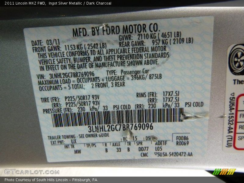 2011 MKZ FWD Ingot Silver Metallic Color Code UX