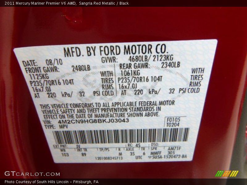 2011 Mariner Premier V6 AWD Sangria Red Metallic Color Code JV