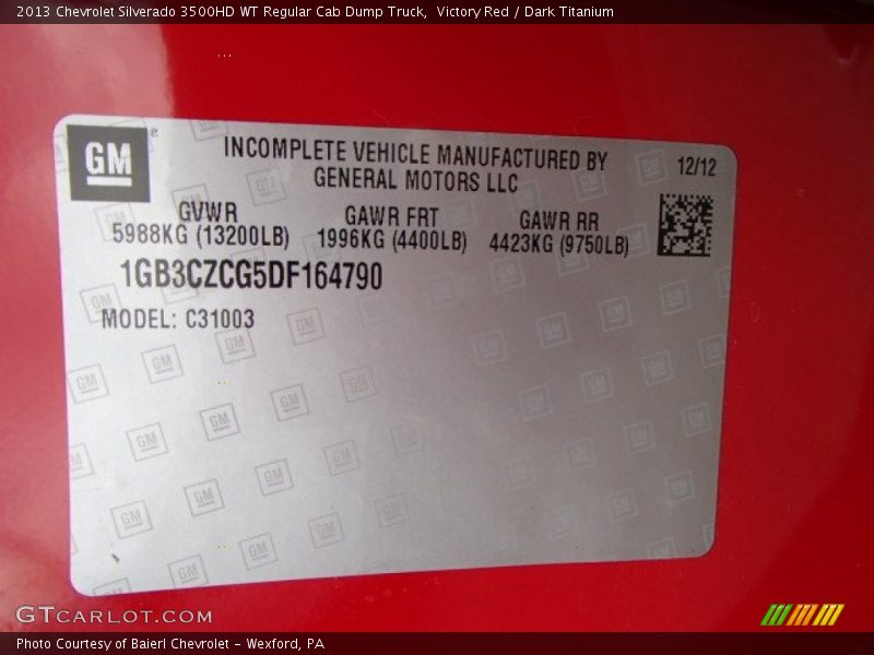 Victory Red / Dark Titanium 2013 Chevrolet Silverado 3500HD WT Regular Cab Dump Truck