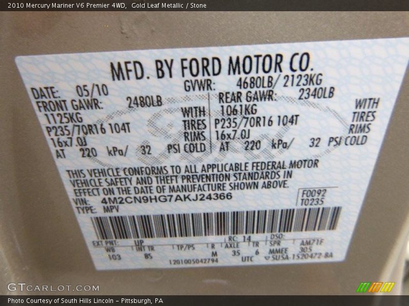 Gold Leaf Metallic / Stone 2010 Mercury Mariner V6 Premier 4WD