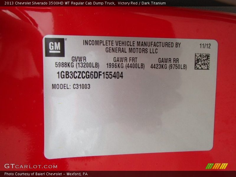 Victory Red / Dark Titanium 2013 Chevrolet Silverado 3500HD WT Regular Cab Dump Truck