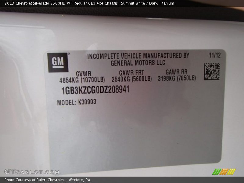 Summit White / Dark Titanium 2013 Chevrolet Silverado 3500HD WT Regular Cab 4x4 Chassis