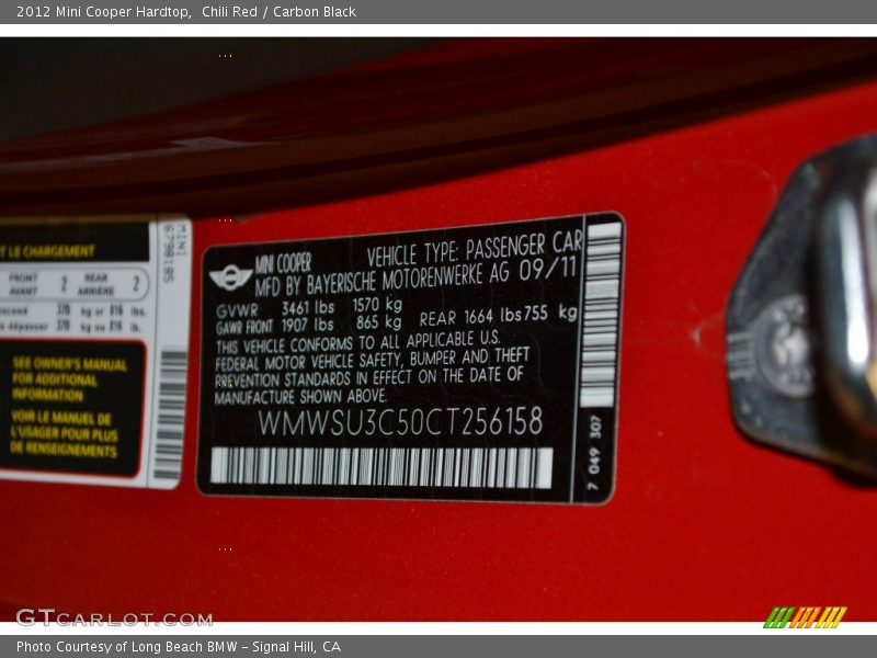 Chili Red / Carbon Black 2012 Mini Cooper Hardtop
