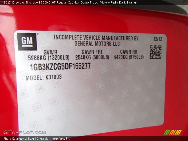 Victory Red / Dark Titanium 2013 Chevrolet Silverado 3500HD WT Regular Cab 4x4 Dump Truck