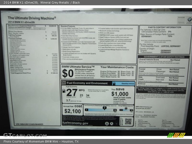  2014 X1 sDrive28i Window Sticker