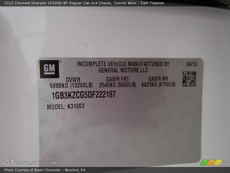 Summit White / Dark Titanium 2013 Chevrolet Silverado 3500HD WT Regular Cab 4x4 Chassis