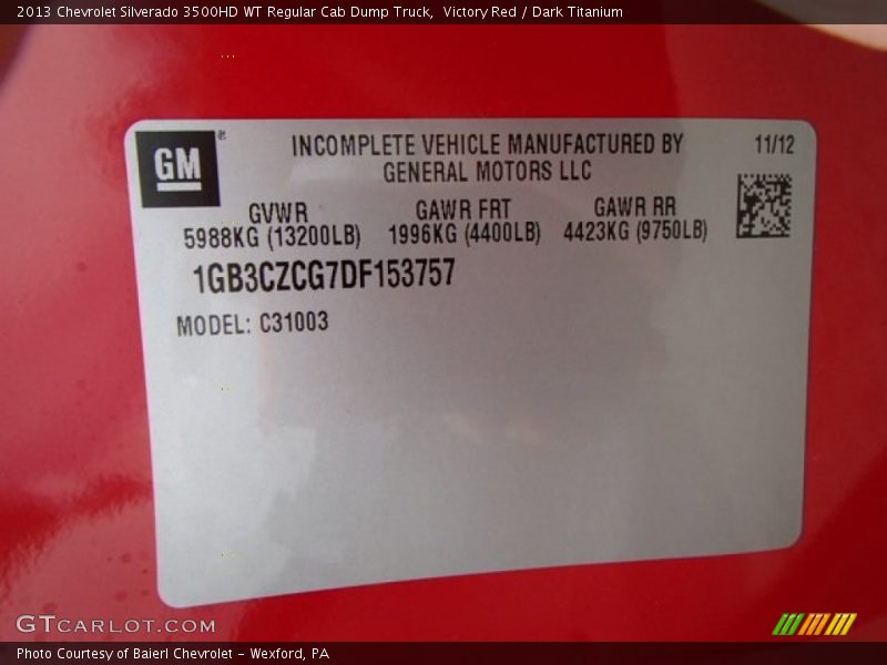 Victory Red / Dark Titanium 2013 Chevrolet Silverado 3500HD WT Regular Cab Dump Truck