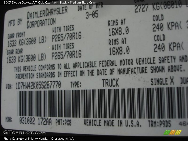 Black / Medium Slate Gray 2005 Dodge Dakota SLT Club Cab 4x4