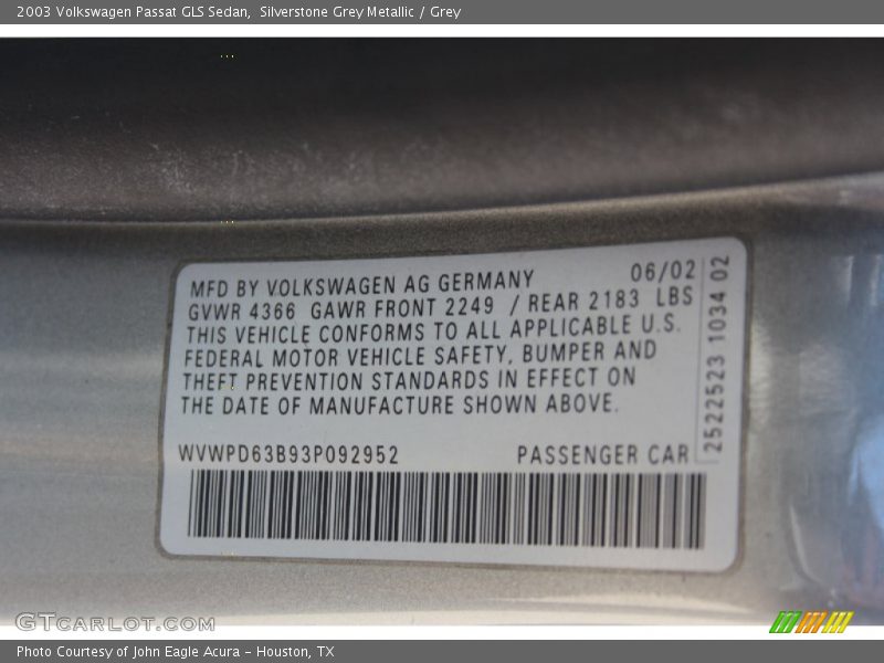 Silverstone Grey Metallic / Grey 2003 Volkswagen Passat GLS Sedan