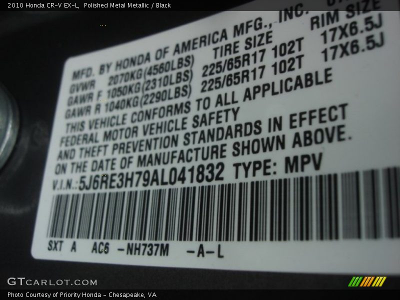 Polished Metal Metallic / Black 2010 Honda CR-V EX-L