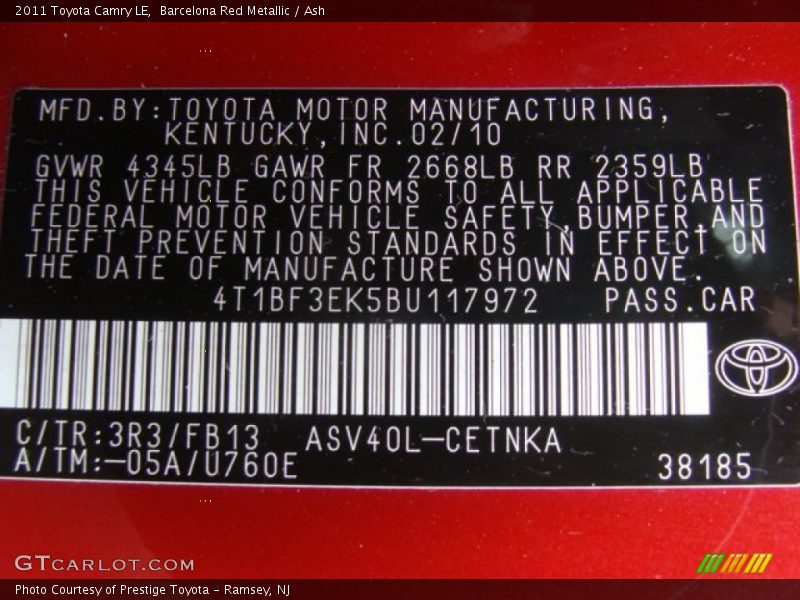 Barcelona Red Metallic / Ash 2011 Toyota Camry LE