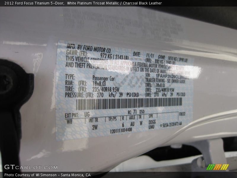 2012 Focus Titanium 5-Door White Platinum Tricoat Metallic Color Code UG