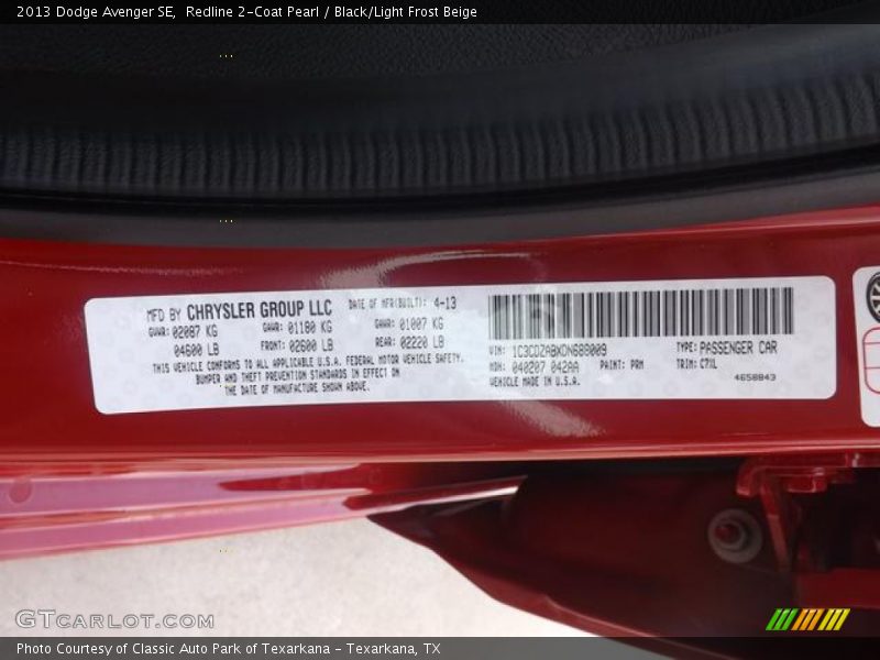 Redline 2-Coat Pearl / Black/Light Frost Beige 2013 Dodge Avenger SE