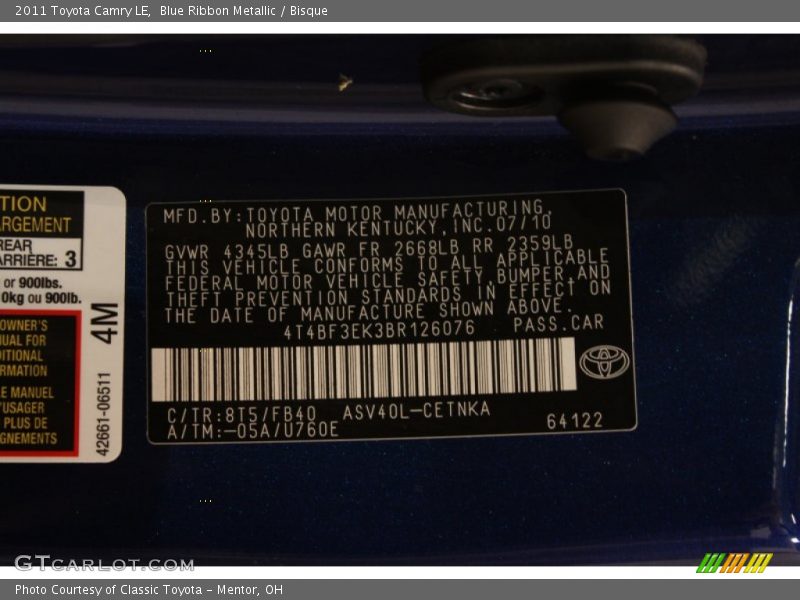 Blue Ribbon Metallic / Bisque 2011 Toyota Camry LE