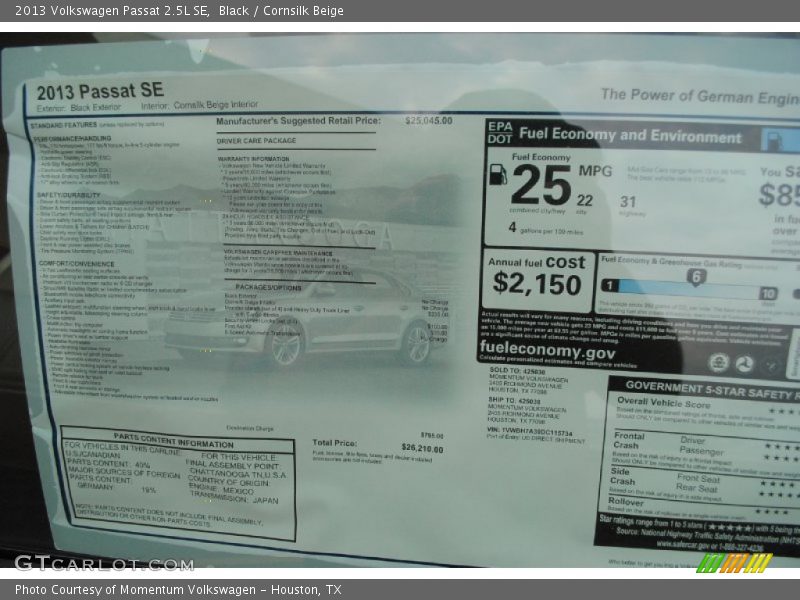 Black / Cornsilk Beige 2013 Volkswagen Passat 2.5L SE