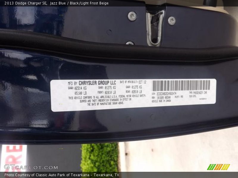 Jazz Blue / Black/Light Frost Beige 2013 Dodge Charger SE