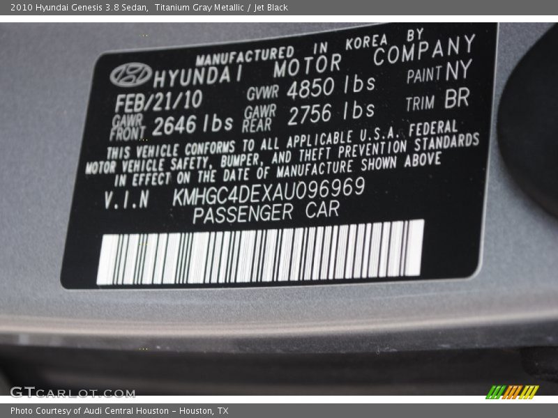2010 Genesis 3.8 Sedan Titanium Gray Metallic Color Code NY