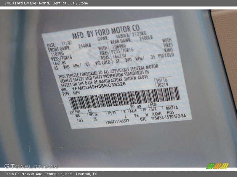 Light Ice Blue / Stone 2008 Ford Escape Hybrid