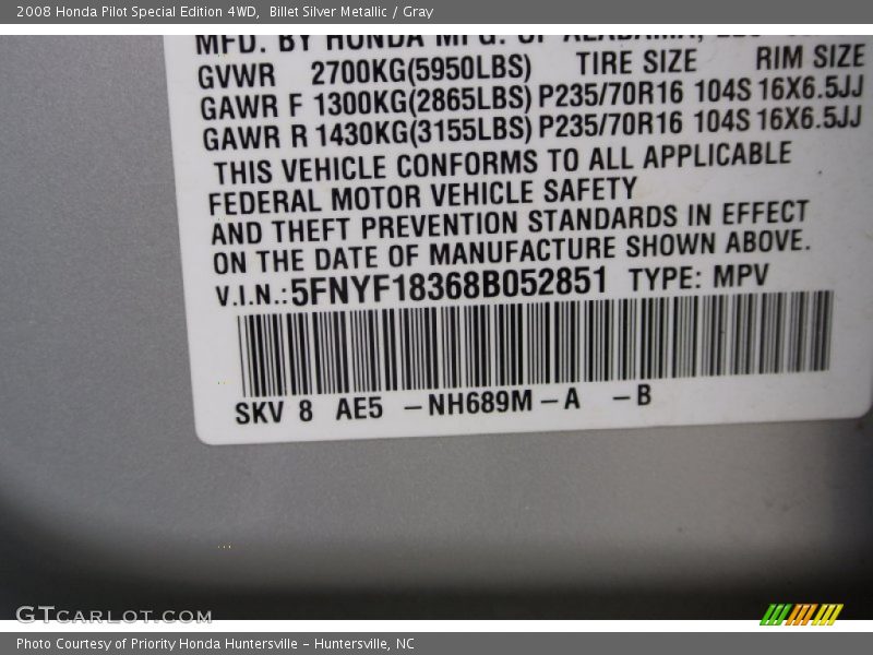 Billet Silver Metallic / Gray 2008 Honda Pilot Special Edition 4WD