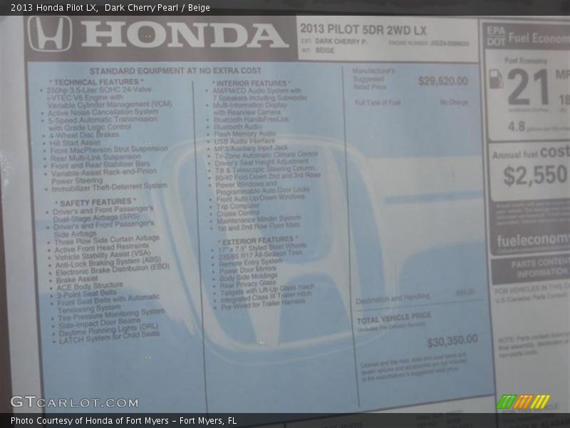 Dark Cherry Pearl / Beige 2013 Honda Pilot LX