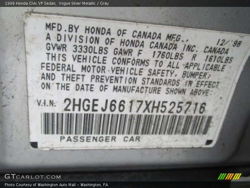 Vogue Silver Metallic / Gray 1999 Honda Civic VP Sedan