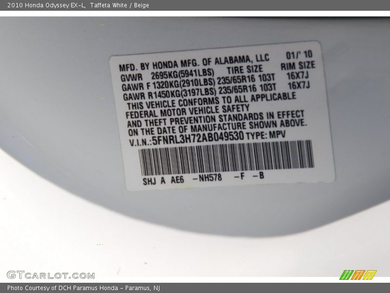 Taffeta White / Beige 2010 Honda Odyssey EX-L