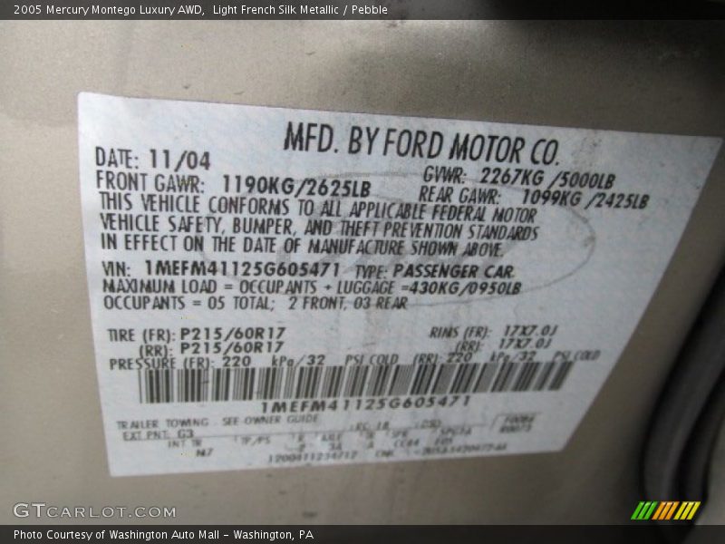 Light French Silk Metallic / Pebble 2005 Mercury Montego Luxury AWD