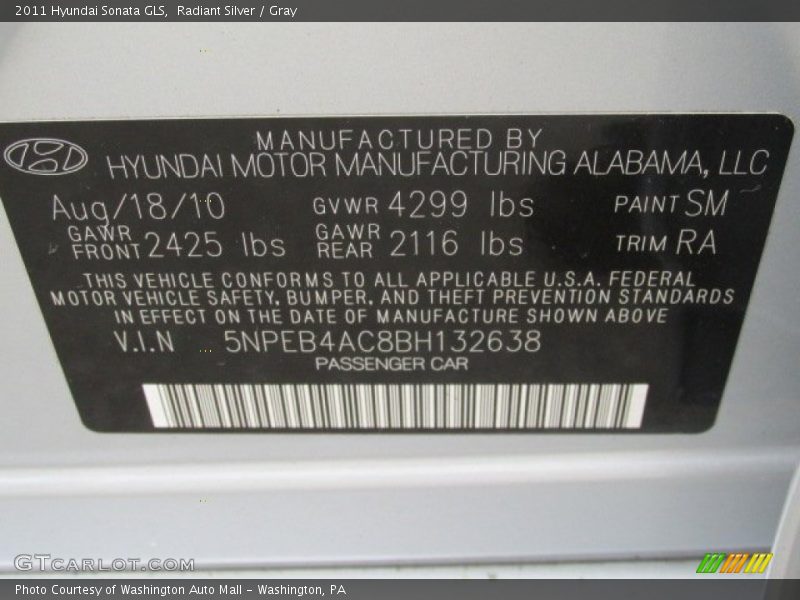 Radiant Silver / Gray 2011 Hyundai Sonata GLS