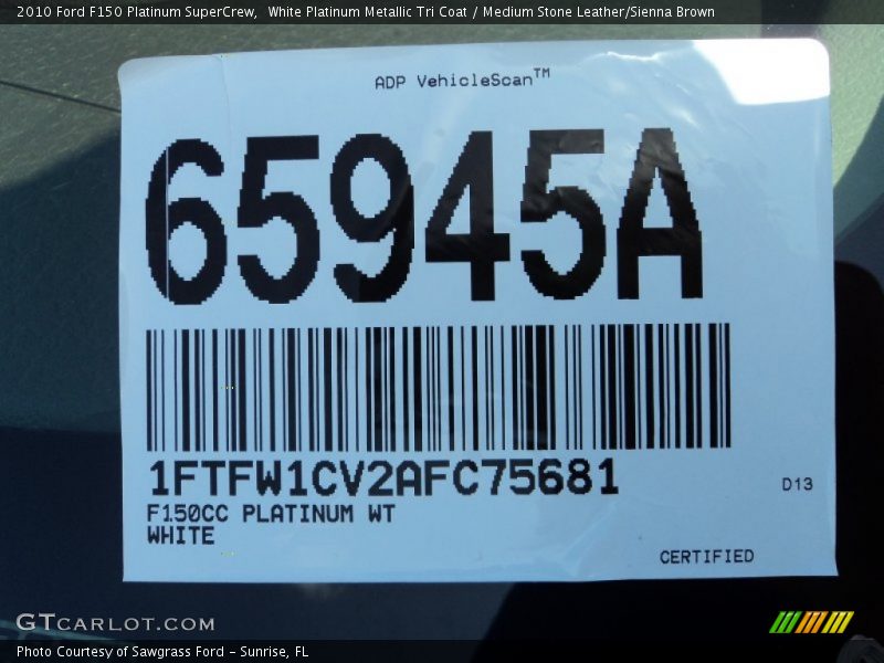 White Platinum Metallic Tri Coat / Medium Stone Leather/Sienna Brown 2010 Ford F150 Platinum SuperCrew