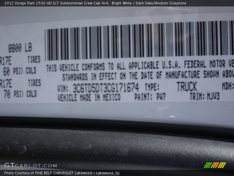 Bright White / Dark Slate/Medium Graystone 2012 Dodge Ram 2500 HD SLT Outdoorsman Crew Cab 4x4