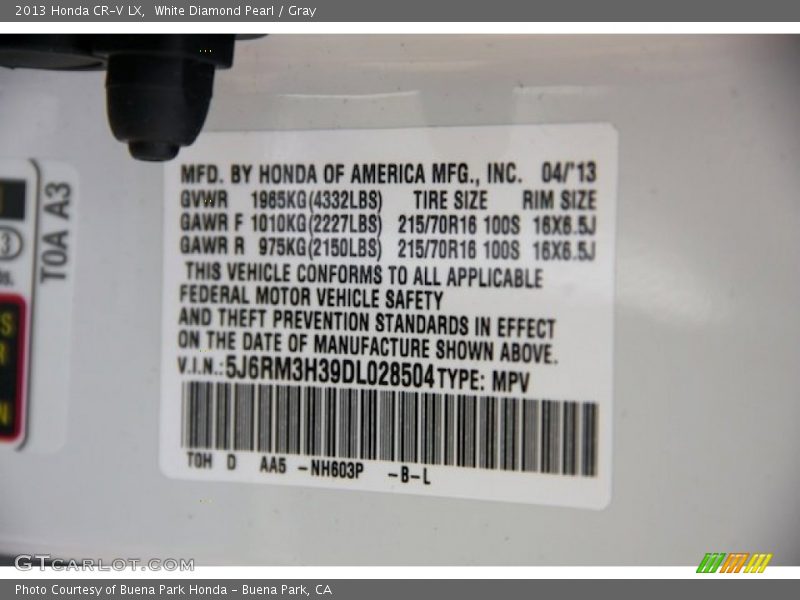 White Diamond Pearl / Gray 2013 Honda CR-V LX