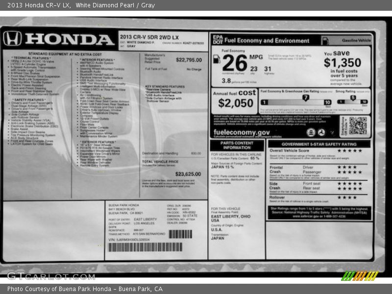 White Diamond Pearl / Gray 2013 Honda CR-V LX