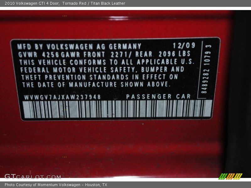 Tornado Red / Titan Black Leather 2010 Volkswagen GTI 4 Door