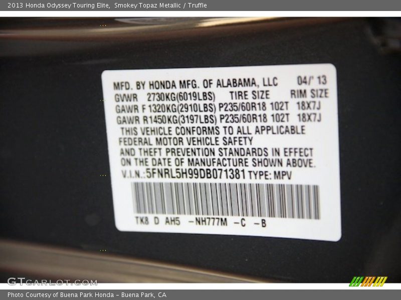 Smokey Topaz Metallic / Truffle 2013 Honda Odyssey Touring Elite