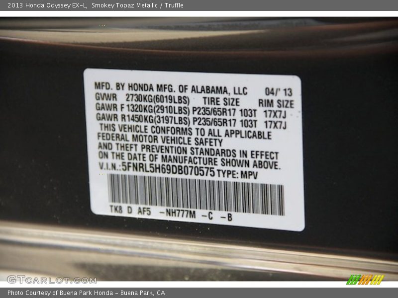 Smokey Topaz Metallic / Truffle 2013 Honda Odyssey EX-L
