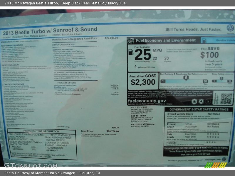 Deep Black Pearl Metallic / Black/Blue 2013 Volkswagen Beetle Turbo