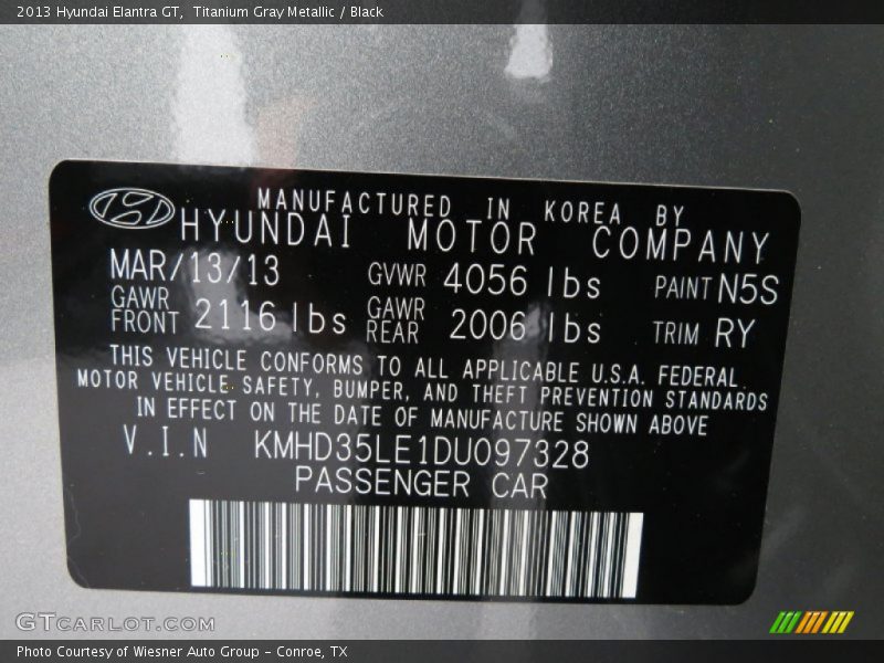 Titanium Gray Metallic / Black 2013 Hyundai Elantra GT