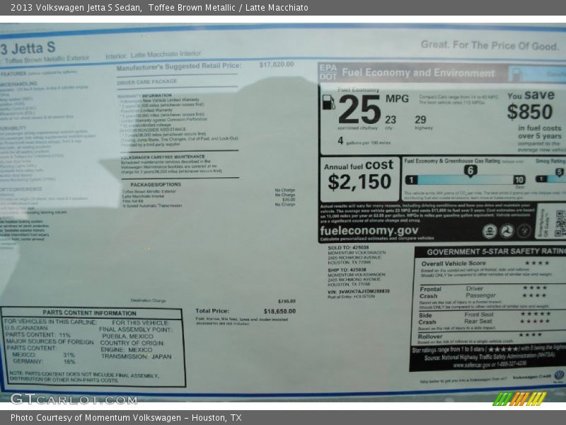 Toffee Brown Metallic / Latte Macchiato 2013 Volkswagen Jetta S Sedan