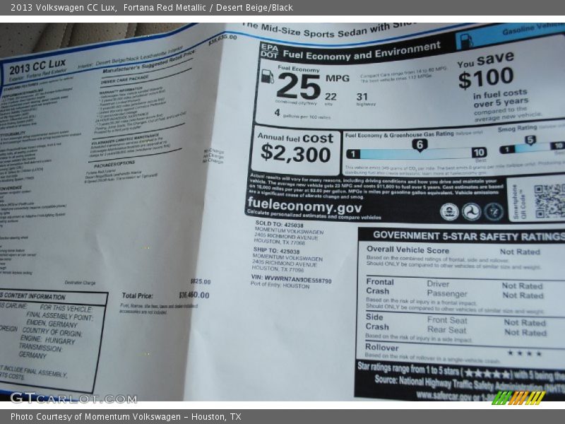 Fortana Red Metallic / Desert Beige/Black 2013 Volkswagen CC Lux