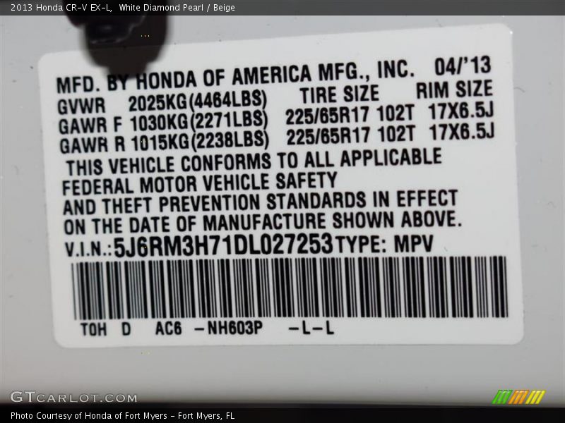 White Diamond Pearl / Beige 2013 Honda CR-V EX-L