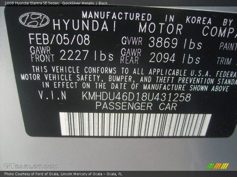 QuickSilver Metallic / Black 2008 Hyundai Elantra SE Sedan