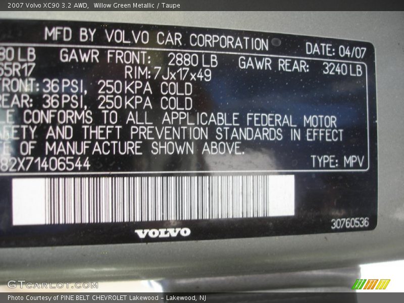 Willow Green Metallic / Taupe 2007 Volvo XC90 3.2 AWD