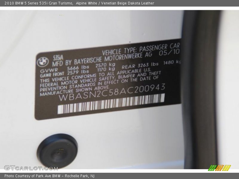 Alpine White / Venetian Beige Dakota Leather 2010 BMW 5 Series 535i Gran Turismo