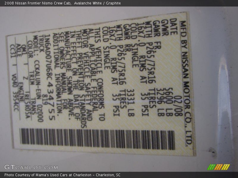 Avalanche White / Graphite 2008 Nissan Frontier Nismo Crew Cab