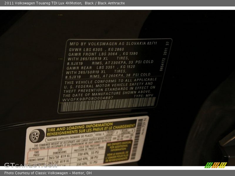 Black / Black Anthracite 2011 Volkswagen Touareg TDI Lux 4XMotion