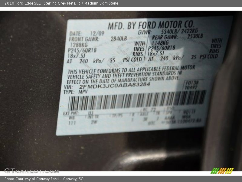 Sterling Grey Metallic / Medium Light Stone 2010 Ford Edge SEL
