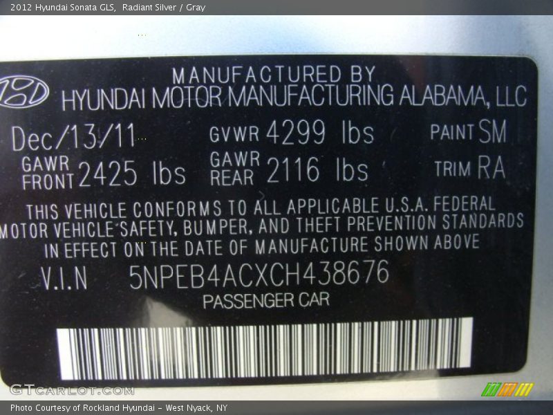 Radiant Silver / Gray 2012 Hyundai Sonata GLS