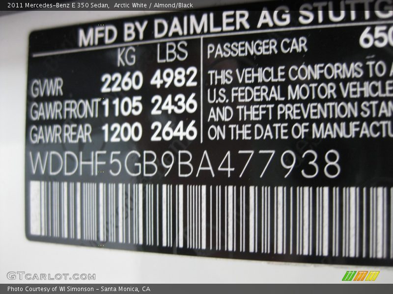 Arctic White / Almond/Black 2011 Mercedes-Benz E 350 Sedan
