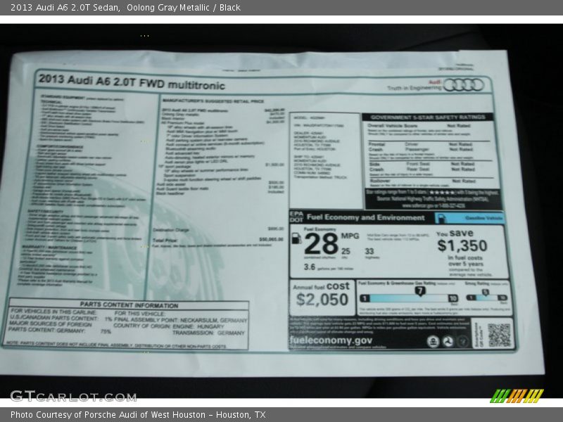  2013 A6 2.0T Sedan Window Sticker